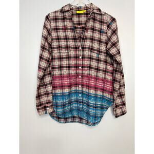 Roller Rabbit Brown Pockets Flannel Top Shirt Aztec Plaid Batik IKAT XS